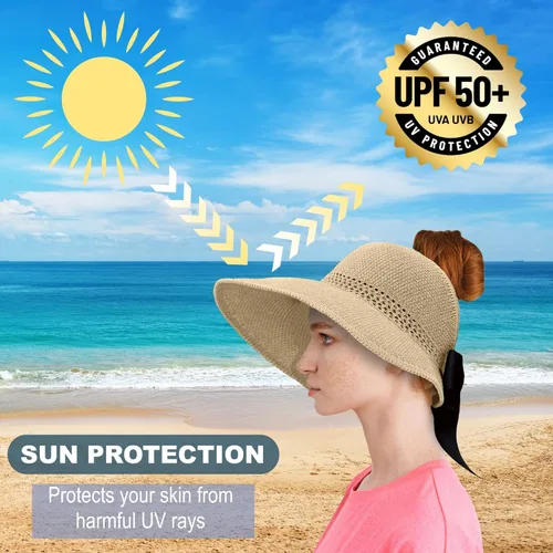 Vista 3 de Visera solar de paja para mujer, ala ancha, protección UPF 50+, sombrero de playa, ajustable, plegable, gorra de cola de caballo con correa