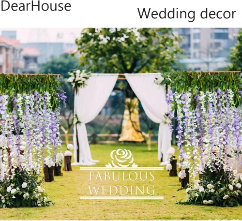 Vista 4 de Guirnalda de flores tipo glicinias artificiales de seda para colgar en el hogar, fiestas o bodas Morado claro