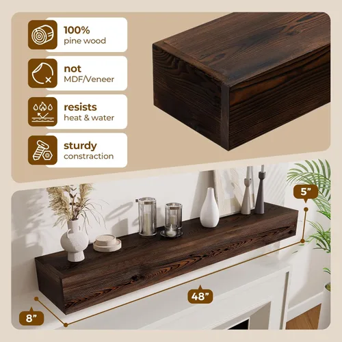 Vista 2 de Marsmiles Repisa de chimenea de 48 pulgadas, manteles de madera rústicos hechos a mano para sobre la chimenea, estantes flotantes montados