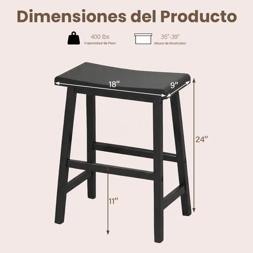 Vista 2 de COSTWAY Juego de 2 taburetes de madera maciza de 24 pulgadas con reposapiés Negro