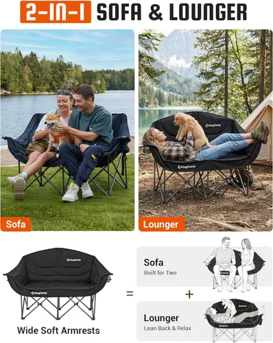 Vista 7 de KingCamp Silla de campamento doble, de gran tamaño, resistente de 660 libras, sofá biplaza para adultos, portátil, plegable, XL, sofá para 2