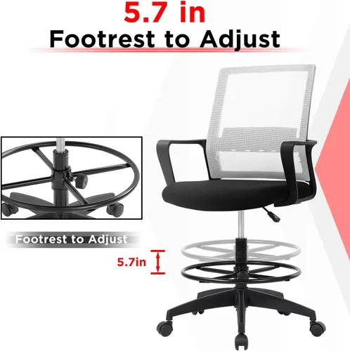 Vista 27 de Silla de redacción alta para oficina, silla de escritorio ergonómica de malla con respaldo medio con anillo de pie ajustable para escritorio Negro
