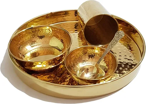 Pure Source India Juego Thali de latón martillado, 5 piezas, dorado, martillado