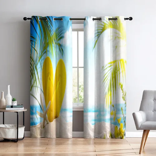 Vista 29 de Renaiss Cortinas opacas junto al mar, palmera de coco, tropical, para ventana de playa, dormitorio, cortinas de ventana con ondas oceánicas azules