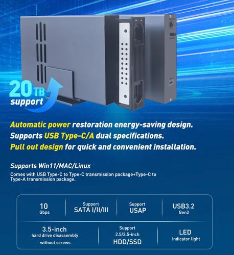 Vista 2 de IO CREST Caja USB tipo C de una sola bahía de 10 Gbps para HDD SATA de 2.5" y 3.5