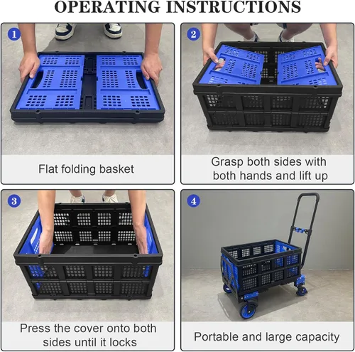 Vista 6 de Carro de mano plegable 2 en 1 con cesta plegable, carretilla de mano resistente, capacidad de 330 libras con mango telescópico y ruedas de goma