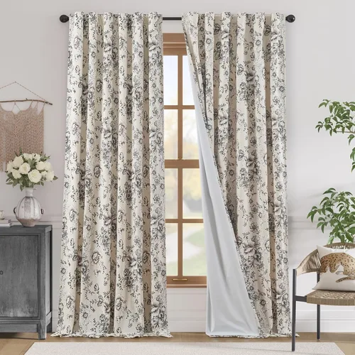 Vista 44 de JINCHAN Cortinas de mezcla de lino con flores para sala de campo francés, cortinas para sala de estar de 84 pulgadas de largo, cortinas impresas