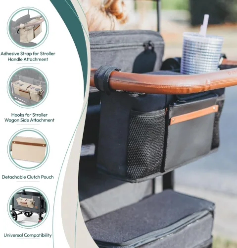 Vista 5 de Organizador universal para cochecito WONDERFOLD con portavasos con aislamiento, cierre de gancho y bucle, asa de sujeción, 2 bolsillos