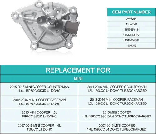 Vista 5 de AULINK Bomba de agua AW6244 con junta para (solo motor L4 de 1.6L) Mini Cooper 2007-2015/Cooper Countryman 2011-2016/Cooper Paceman 2013-2016