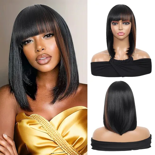 Vista 8 de Kalyss - Pelucas cortas de cabello negro con flequillo para mujer, peluca de cabello sintético completo, resistente al calor, peluca corta y recta