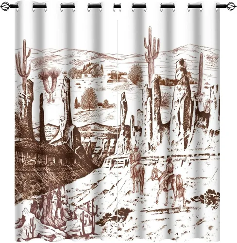 Vista 30 de Cortinas opacas retro de vaquero occidental para dormitorio, estilo rústico, cactus, salvaje oeste, vaquero, paseo, caballo, con ojales, aislamiento