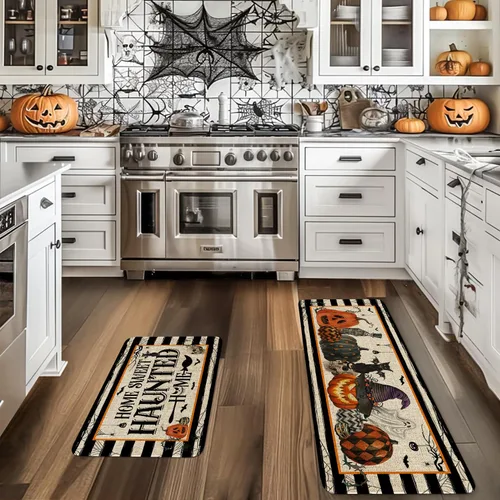 Vista 3 de Juego de 2 tapetes de cocina de Halloween, hogar encantado para el hogar, tapete de cocina de Halloween, decoración de cocina de Halloween