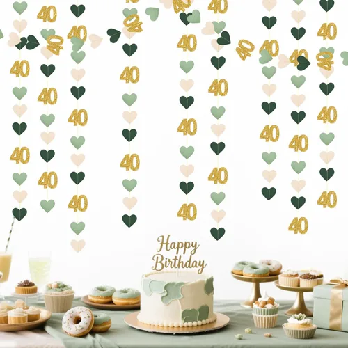 Vista 11 de Decoración de cumpleaños número 40 en negro, punto de círculo número 40, guirnalda de estrellas centelleantes metálica para colgar banderines