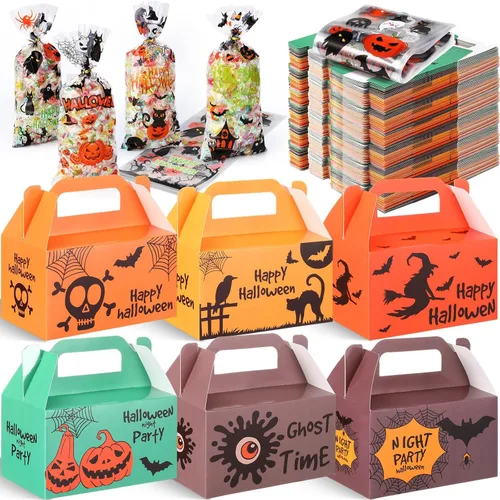 Vista 8 de ReliThick Paquete de 80 cajas de golosinas de Halloween con bolsas de celofán, cajas de dulces de galletas para golosinas de fantasma, bolsa