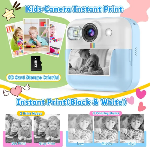 Vista 6 de Dafotil Cámara infantil para niños, impresión instantánea 1080P, regalos de cumpleaños de Navidad para niños, azul