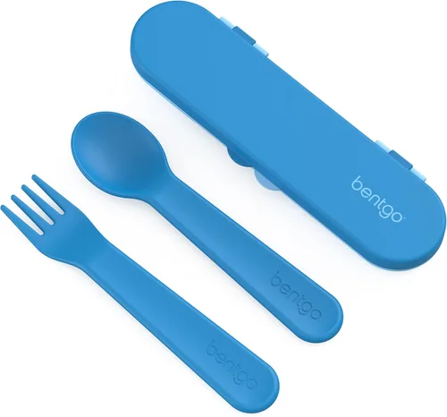 Bentgo Juego de utensilios para niños, tenedor, cuchara y estuche de almacenamiento de plástico reutilizable, materiales sin BPA, asas de fácil