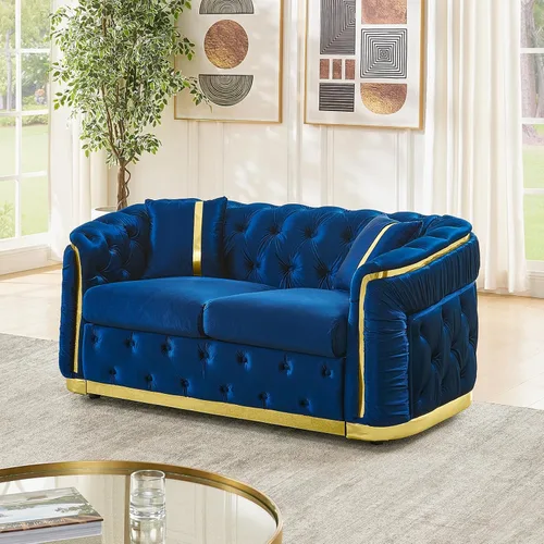 Vista 14 de Sofá Chesterfield de 62.6 pulgadas, moderno de mediados de siglo, sofá de terciopelo blanco beige y dorado, sofás de lujo para sala de estar