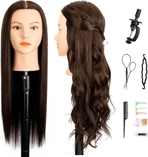 Vista 11 de Cabeza de maniquí de cabello humano 80% cabello real, cabeza de maniquí de cosmetología para cabeza de práctica de peluquería (#27 marrón claro)