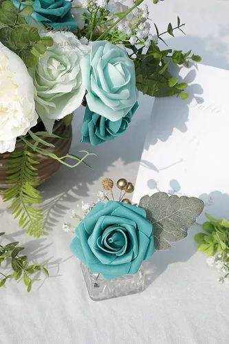 Vista 65 de Floroom Flores artificiales, 25 piezas de rosas falsas de espuma dorada antigua de aspecto real con tallos para ramos de boda DIY, centros de mesa