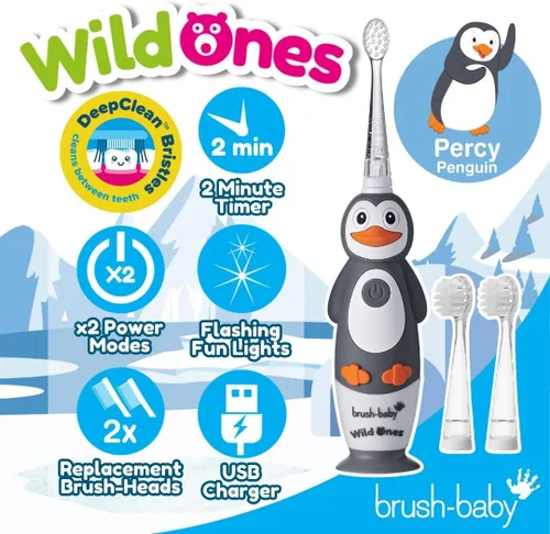 Vista 2 de brush-baby WildOnes - Cepillo de dientes eléctrico recargable para niños, 1 mango, 3 cabezales de cepillo, cable de carga USB, para edades de 0 a 10