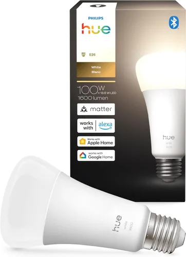 Vista 10 de Philips Hue Bombilla LED inteligente A21 de 100 W, luz blanca cálida suave, 1 paquete, 160 lúmenes, E26, interior, control con aplicación Hue
