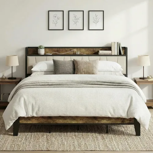 Vista 18 de LIKIMIO Base de cama individual, cabecero de almacenamiento con estación de carga, sólido y estable, sin ruido, no necesita somier, fácil montaje