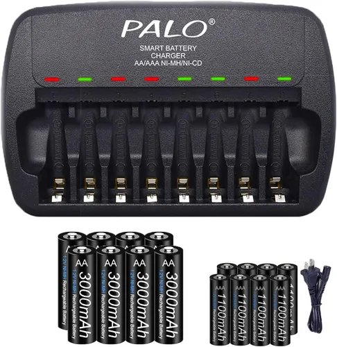 Paquete de 16 baterías recargables AA y AAA con cargador, paquete de 8 pilas AA de 3000 mAh con 8 pilas AAA de 1100 mAh de baja autodescarga de 1.2