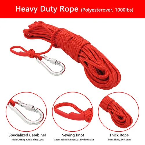 Vista 4 de Kit de pesca con imán, imanes de neodimio fuertes de 1000 libras con cuerda, imán de pesca súper potente con mosquetón de bloqueo para caza