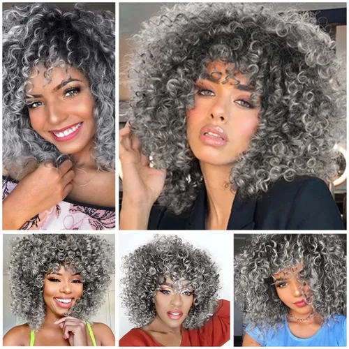 Vista 3 de Pelucas Afro Cortas Rizadas Grises para Mujeres Negras, Peluca Rizada Gris Degradado con Flequillo Cabello Sintético Resistente al Calor para Uso