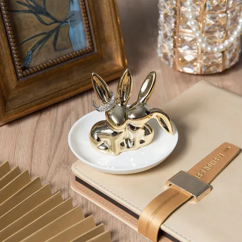 Vista 6 de Soporte para anillos de conejo, plato de cerámica para joyas, bandeja para anillos, aretes, collar, organizador de anillos de compromiso de boda