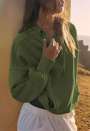 Vista 8 de Fixmatti Sudadera con capucha con media cremallera para mujer, manga larga, con cremallera, de gran tamaño, con cordón y bolsillos