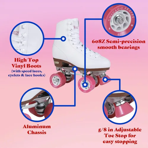 Vista 3 de CHICAGO Skates Premium White Quad Roller Skates for Girls Beginners Classic Adjustable High-Top Design for Indoor or Outdoor Skates and Roller Derby