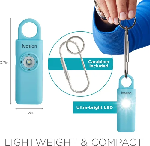 Vista 5 de Ivation Alarma SOS recargable personal, tamaño de bolsillo, 130 dB, sirena de seguridad de sonido y luz LED estroboscópica de pánico con mosquetón