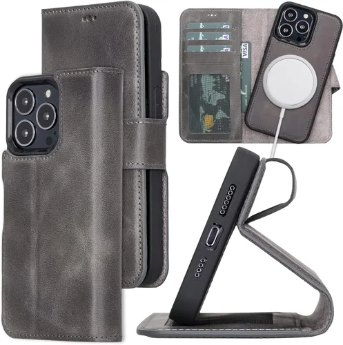 Vista 15 de Bayelon Funda para iPhone 13, funda de cuero de grano completo, [2 en 1] Cartera magnética desmontable para teléfono, funda abatible con ranuras