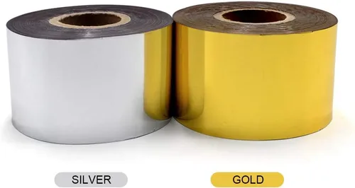 Vista 2 de Papel de estampado en caliente, 1 rollo dorado + 1 rollo plateado de 1.5 pulgadas x 400 pies, papel dorado anodizado de transferencia de calor