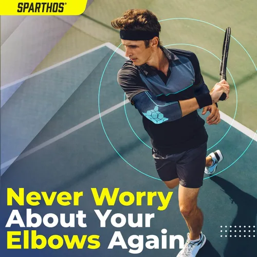 Vista 7 de Sparthos - Par de coderas de compresión, para tenis y golf, para hombre y mujer, fabricadas con una innovadora mezcla elástica transpirable