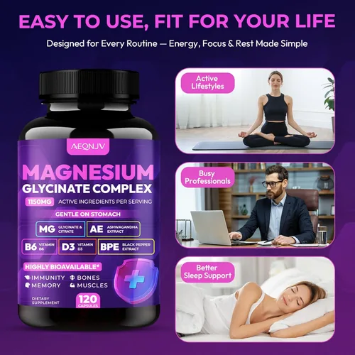 Vista 6 de Complejo de Glicinato de Magnesio 1150mg - Cápsulas de Magnesio de Alta Absorción Suave para el Estómago con Citrato, Sílice, Ashwagandha y Vitamina