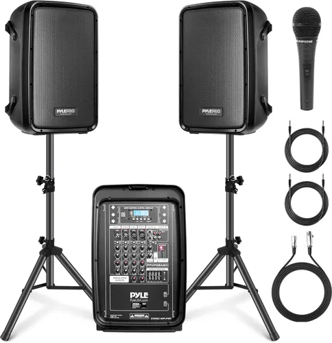 Pyle - Paquete de bocina PA y mezclador DJ - Sistema de sonido inalámbrico Bluetooth portátil de 300 W con entradas USB SD XLR 1/4" RCA - Bocina