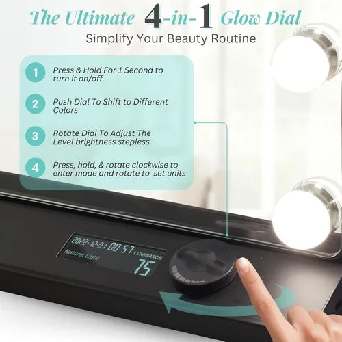 Vista 6 de LUXFURNI Espejo de tocador con luces, espejos de maquillaje, espejo Hollywood con 15 bombillas LED, 3 modos de color y brillo ajustable, aumento