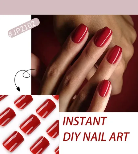 Vista 2 de Uñas acrílicas rojas, uñas cuadradas a presión, uñas postizas cortas, cobertura completa, uñas postizas artificiales brillantes, uñas postizas