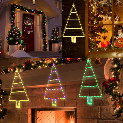 Vista 4 de LYHOPE Decoraciones navideñas - Luces LED de escalera, 2 pies, 8 modos y temporizador, funciona con pilas, verde
