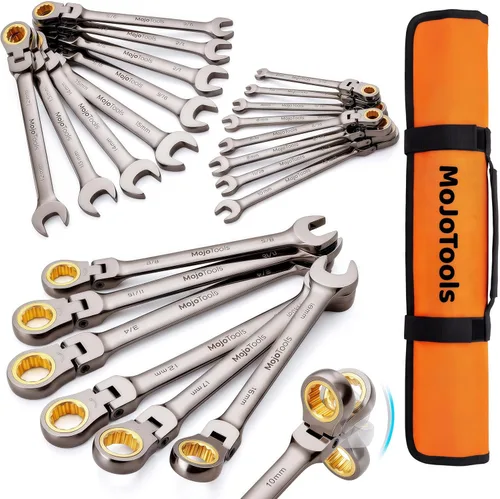 Vista 16 de Juego de llaves de trinquete SAE de 15 piezas (1/4 ″ – 1 ″), llaves combinadas de cabeza flexible de 72 dientes, kit de herramientas mecánicas Cr-V