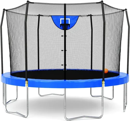 Vista 7 de Skywalker Trampolines Cama elástica al aire libre de 8 pies, 12 pies, 15 pies Jump N’ Dunk redonda con red, colchón de trampoline y aro