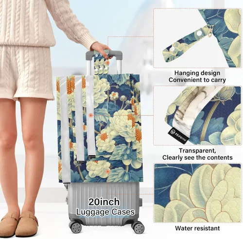 Vista 2 de Floral Cauliflower Design Blue White 3 Set Travel Packing Cubes For Suitcases Stackable Blanket Bags For Closet Storage Blanket Storage Bags Bed