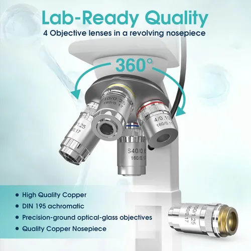 Vista 3 de Microscopio para adultos con aumento 40X-2500X, microscopio compuesto trinocular de laboratorio de doble vista Siedentopf Head Lab con termostato