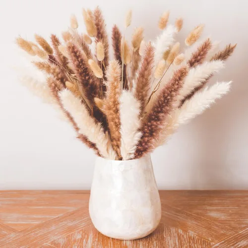 Vista 2 de Decoración de hierba seca de las pampas, 60 piezas de pampa marrón natural, hierba de pampa blanca y colas de conejo, flores secas, decoración