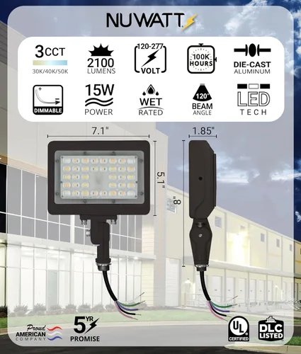Vista 2 de NUWATT Reflector LED de 15W, 3CCT 3000K/4000K/5000K Seleccionable, Iluminación Impermeable IP65, Soporte de Articulación Ajustable de 1/2", 2100