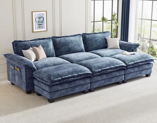 Vista 19 de KKL Sofá cama modular seccional, sofá de nube de 4 plazas con otomana, sofás seccionales de felpilla para sala de estar, apartamento, beige
