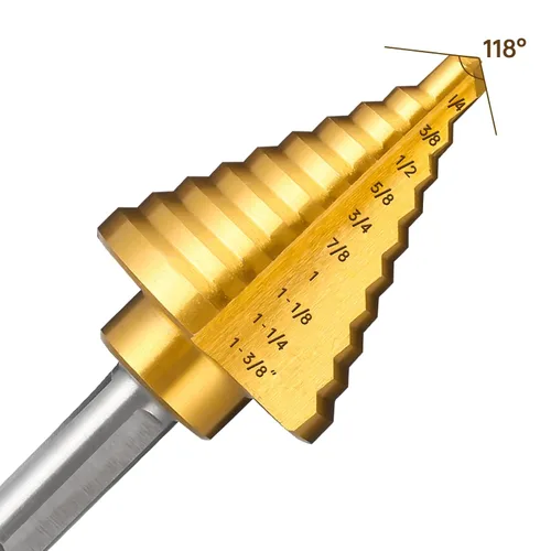 Vista 3 de Broca escalonada de titanio, broca de paso de 1/4" a 1-3/8" para metal, juego de 10 tamaños de broca escalonada HSS Unibit