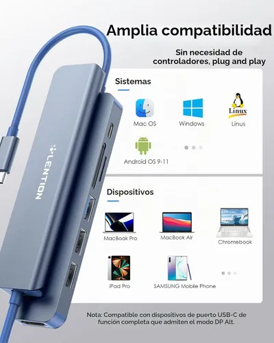 Vista 7 de LENTION 7-in-1 USB C Hub, 4K@60Hz HDMI, 100W PD, Card Reader, USB 3.0 & 2.0 Azul